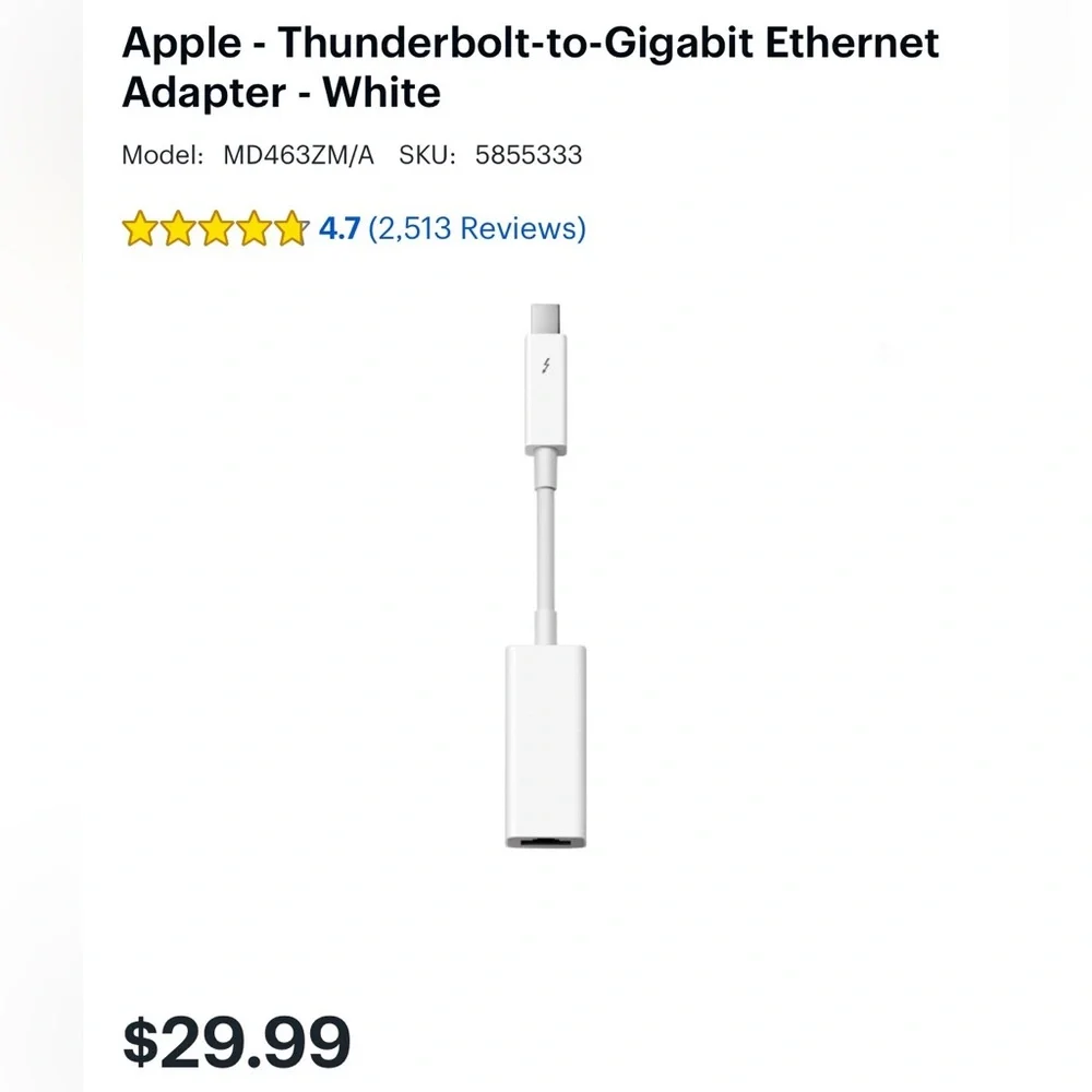 Thunderbolt-to-Gigabit Ethernet Adapter, Apple, New/Opened